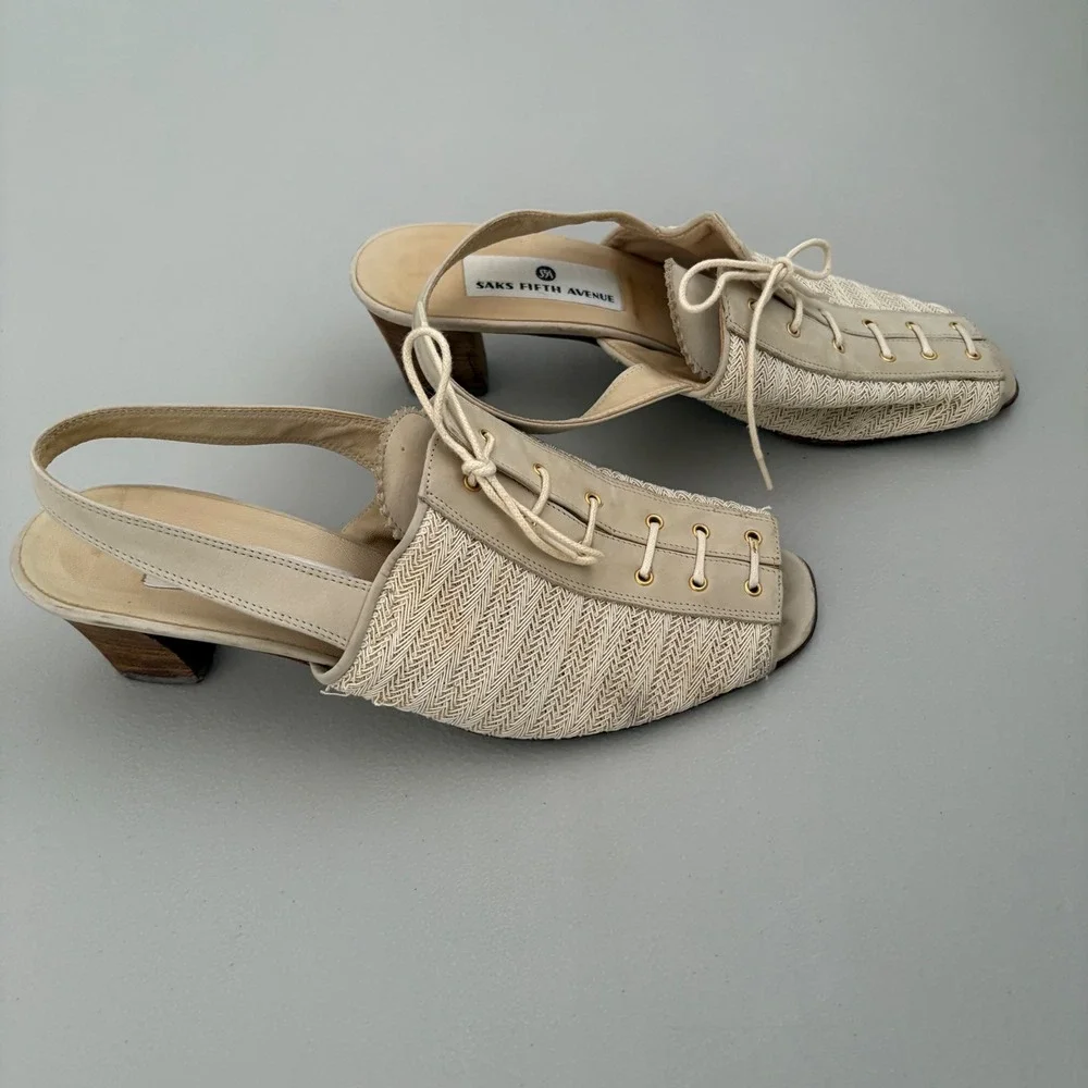 Saks Fifth Avenue Slingback Heels Lace Up Peep Toe Leather Woven Beige -Size 8.5